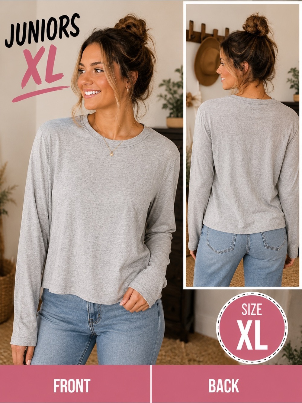 aerie Light Gray Long-Sleeve Crewneck Top JUNIORS XL